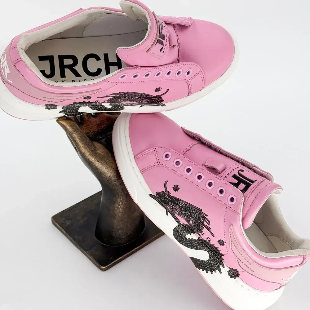 John Richmond JRCH Pink Dragon Print Leather Low Top Sneakers Women’s
